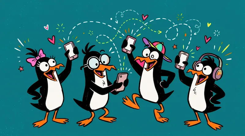 Four penguins hold up their phones, all in the same room