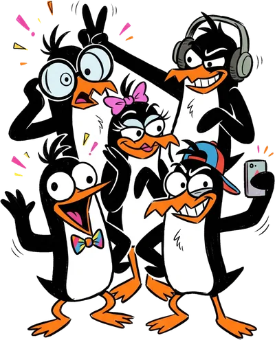 The penguin crew squeezed into a selfie